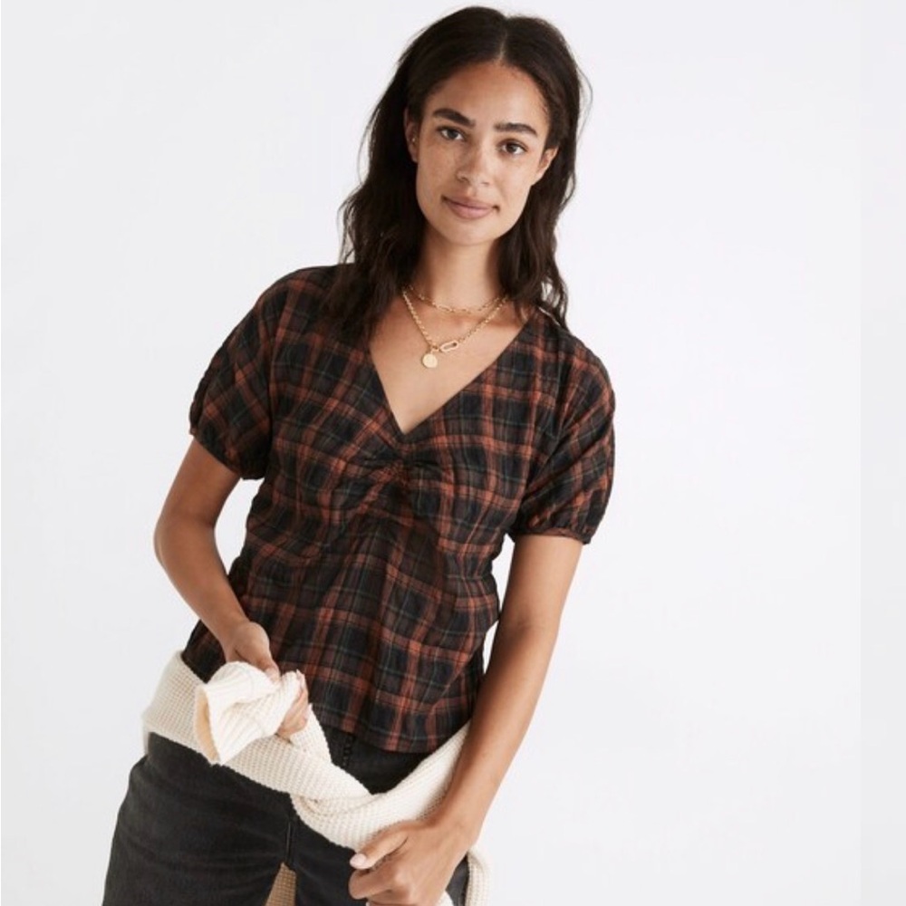 Madewell Gathered V-Neck Top in Plaid Fuller Plaid Warm Umber Size Medium